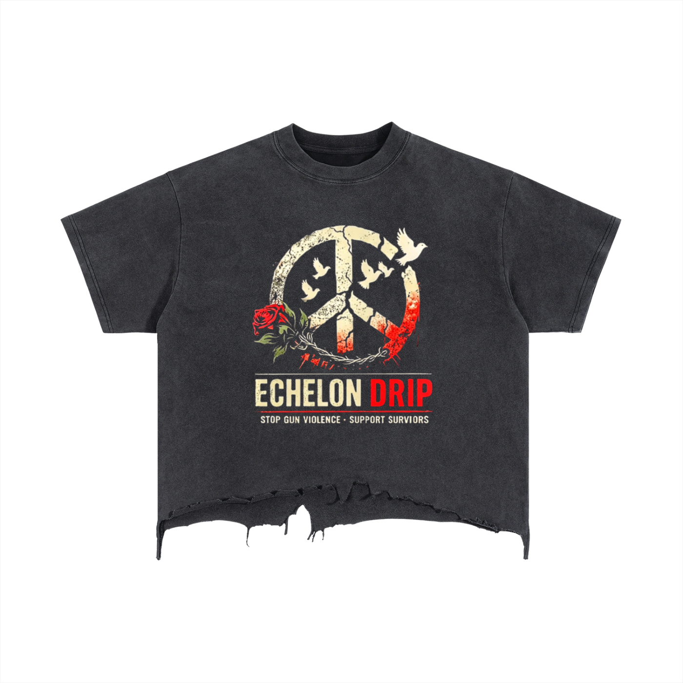 Echelon Peace Rose Vintage Wash Boxy Distressed Hem T-Shirt