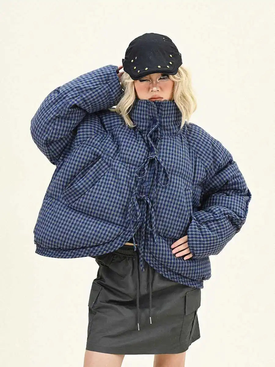 Women's Bow Tie Tie Plaid Puffer Jacket