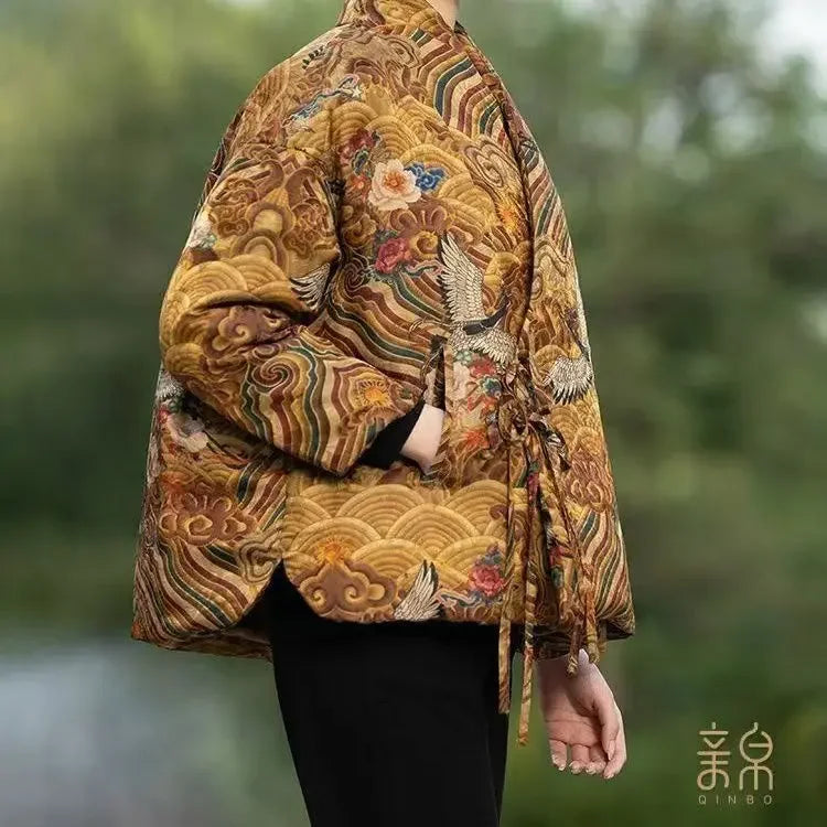 Crane Print Chinese Tangsuit Coat