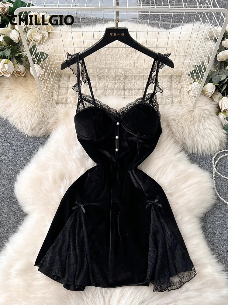 CHILLGIO Women Beaded Velour Spaghetti Strap Dress