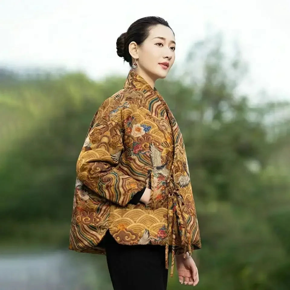 Crane Print Chinese Tangsuit Coat