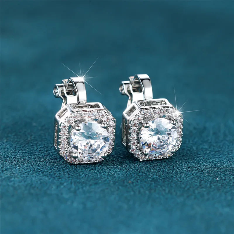 Small Clip White Zircon Round Stone Earrings
