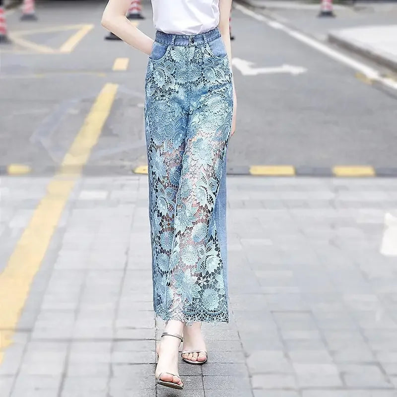 High Waist Fashion Lace Front Jeans