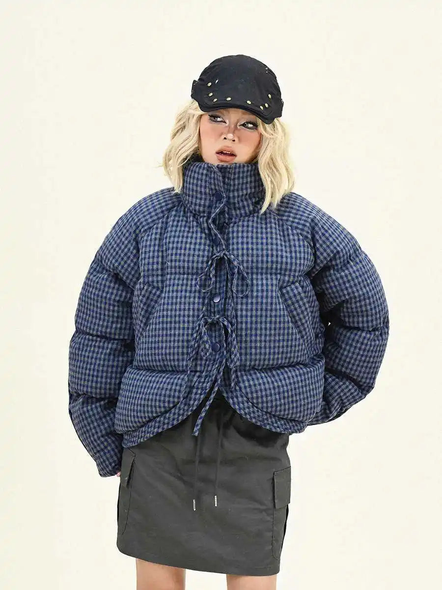 Women's Bow Tie Tie Plaid Puffer Jacket
