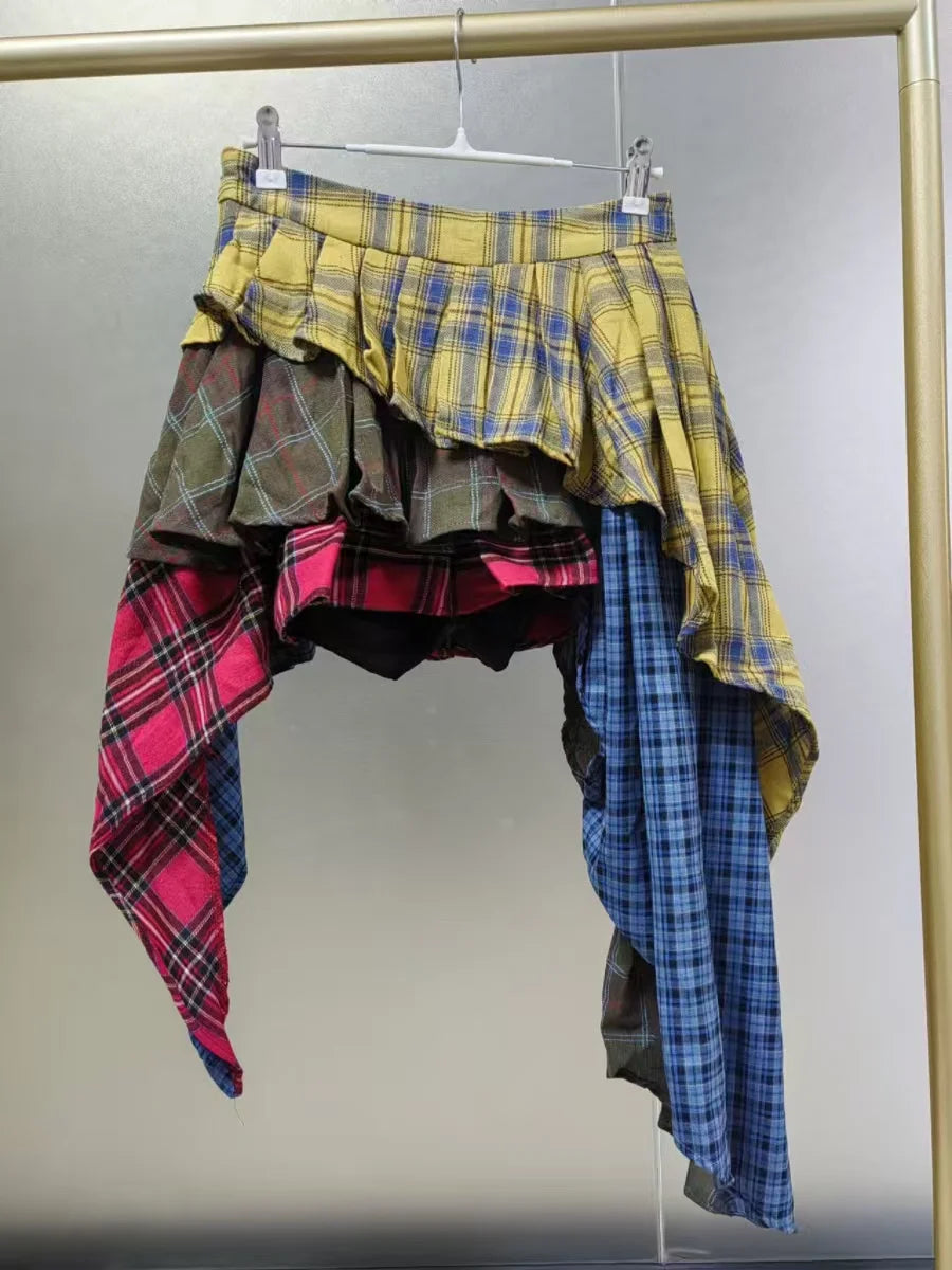 New Fashion Cotton Plaid Patchwork Irregular Skirt