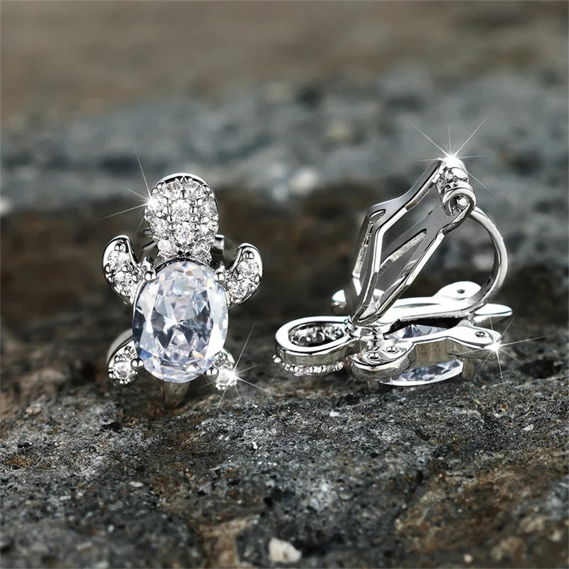 Female Cute Small Clip Earrings White Zircon Round Stone Earrings