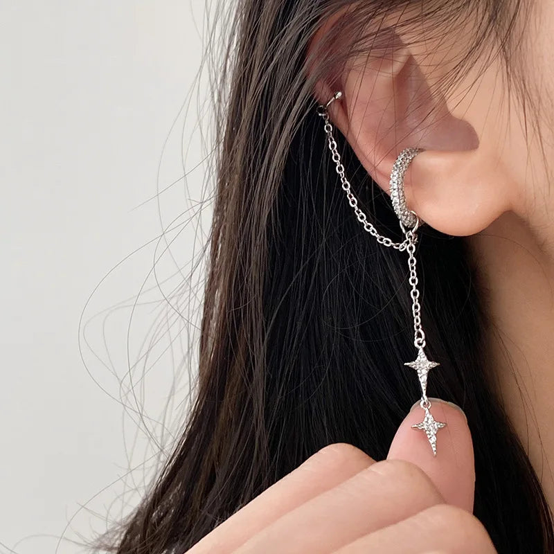 Silver Crystal Tassel Non Piercing Rhinestone Cartilage Earring