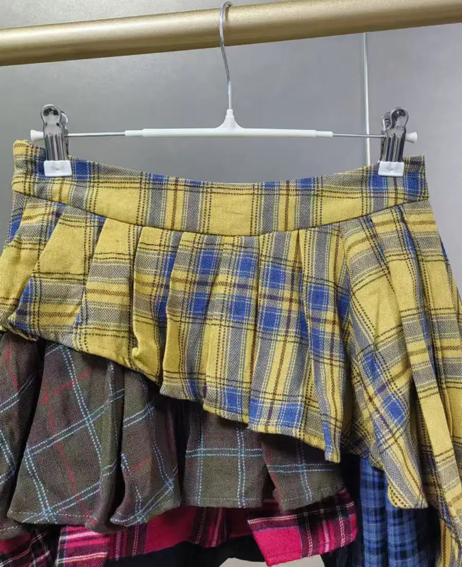 New Fashion Cotton Plaid Patchwork Irregular Skirt