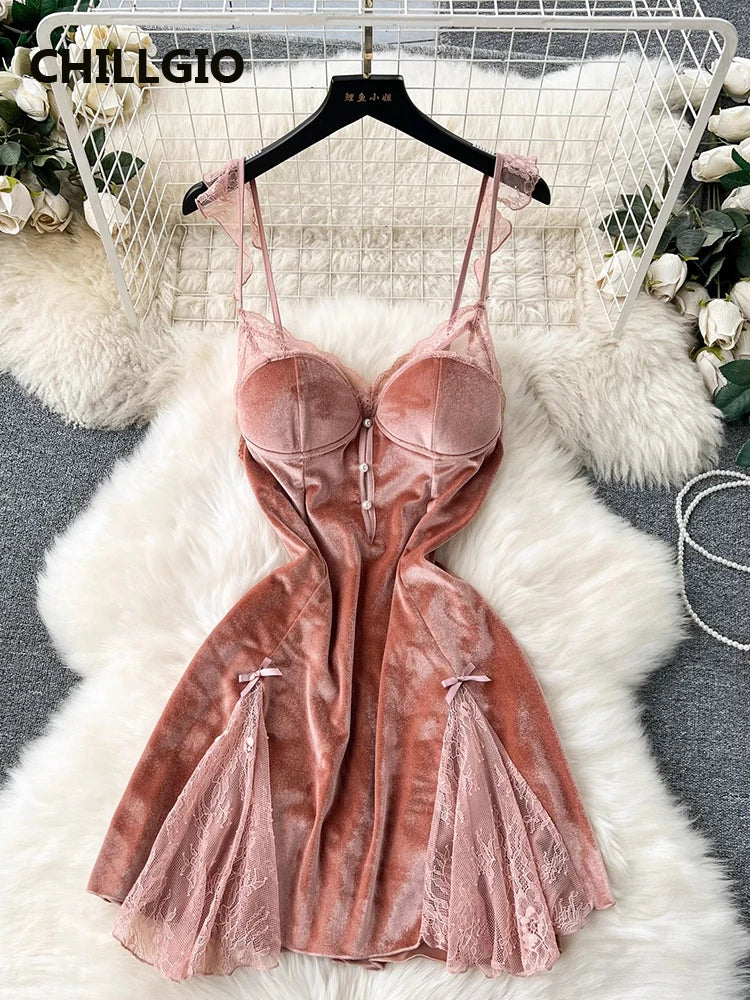 CHILLGIO Women Beaded Velour Spaghetti Strap Dress