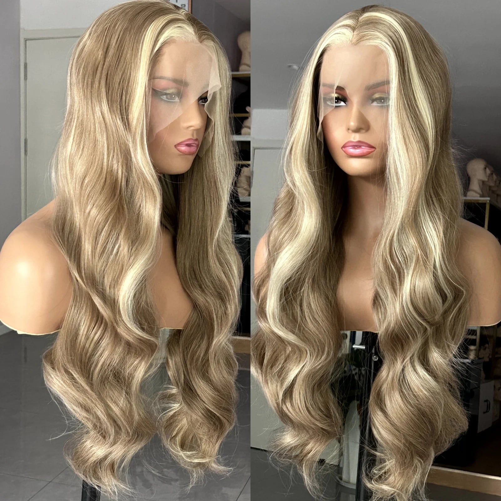 Brown Wig with Ash Blonde Highlights