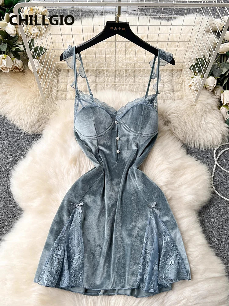 CHILLGIO Women Beaded Velour Spaghetti Strap Dress