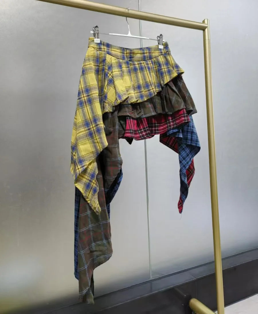New Fashion Cotton Plaid Patchwork Irregular Skirt