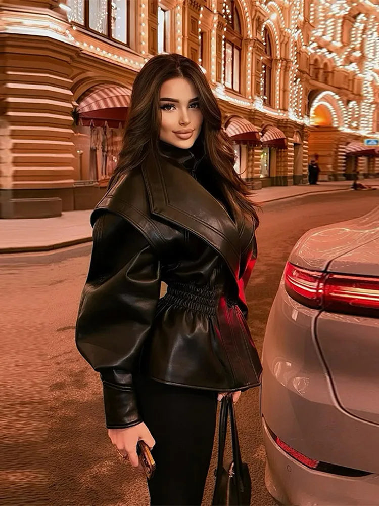 Turn-down Collar Women Winter Faux Leather Coats