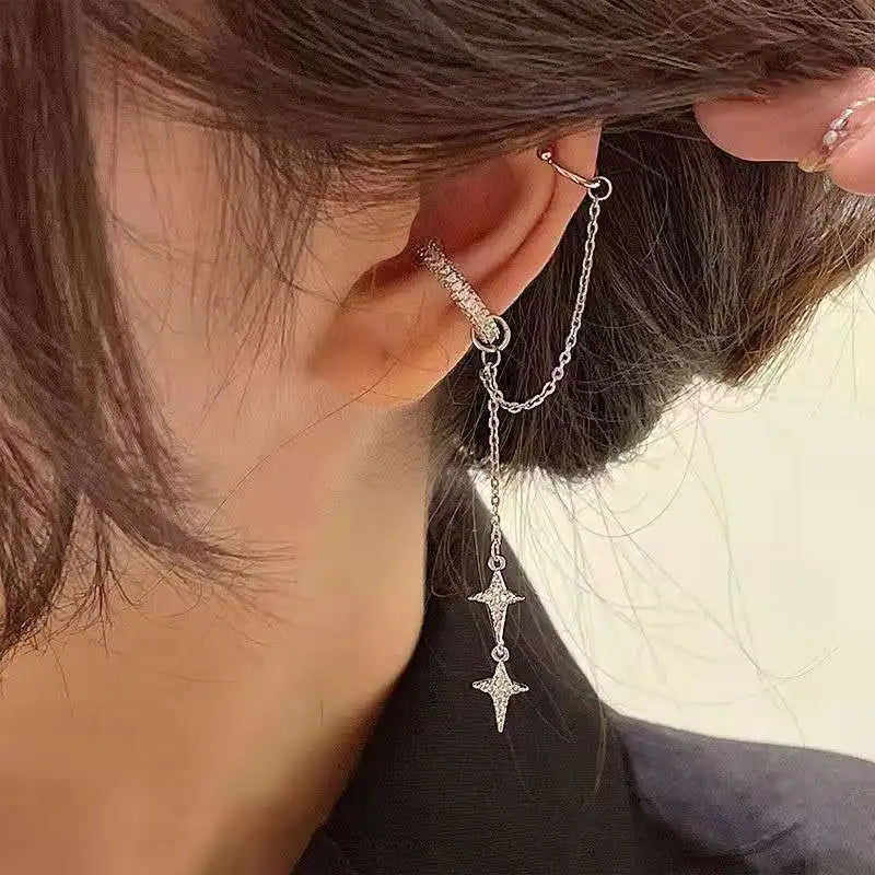 Silver Crystal Tassel Non Piercing Rhinestone Cartilage Earring