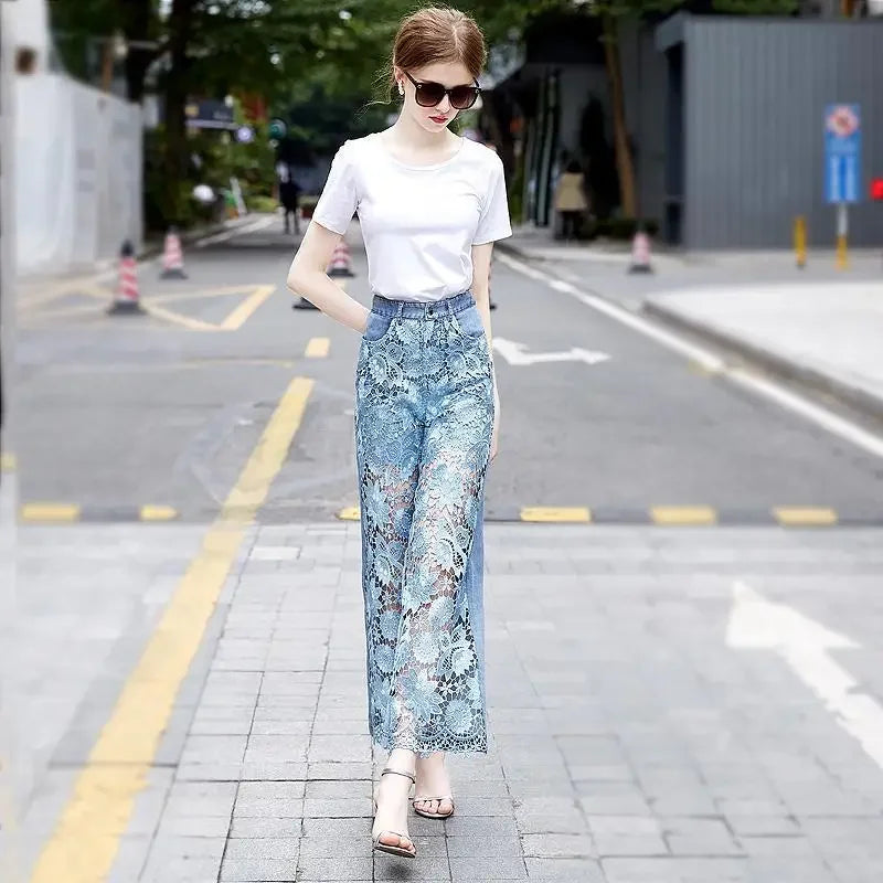 High Waist Fashion Lace Front Jeans