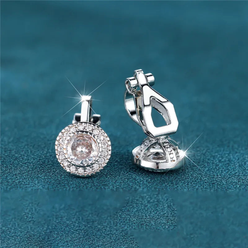 Small Clip White Zircon Round Stone Earrings