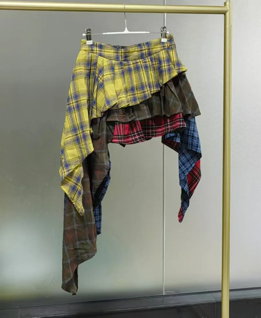 New Fashion Cotton Plaid Patchwork Irregular Skirt