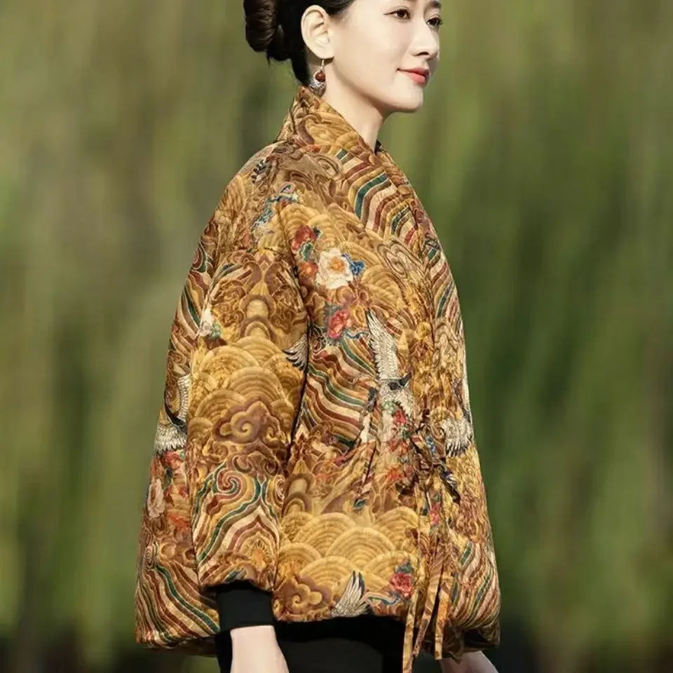 Crane Print Chinese Tangsuit Coat