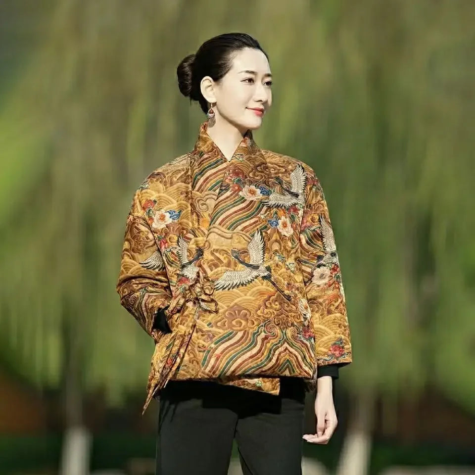 Crane Print Chinese Tangsuit Coat