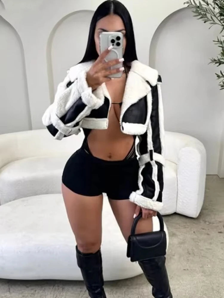 Weird Puss Furry Patchwork Women Crop Jacket