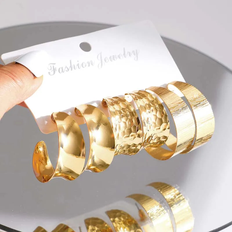 6Pcs/Set Vintage Gold Color Big Circle Hoop Earring Set