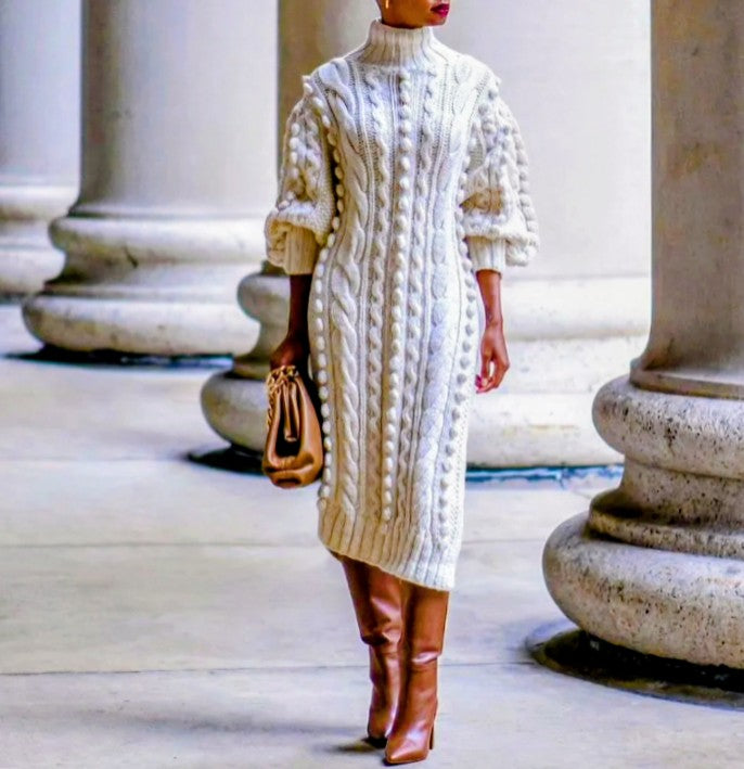 High Collar Slit Knit Midi Dress