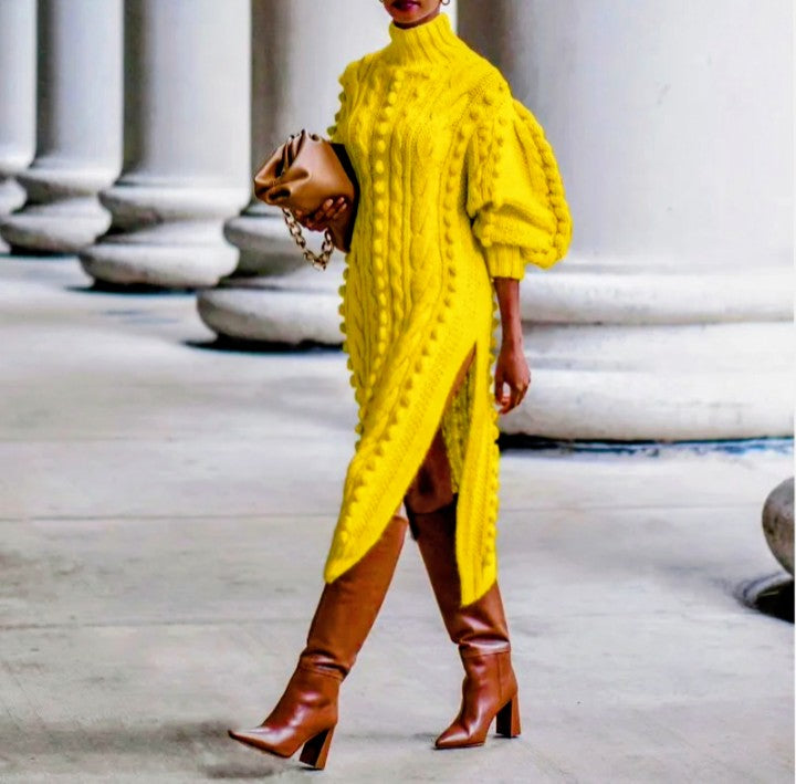 High Collar Slit Knit Midi Dress