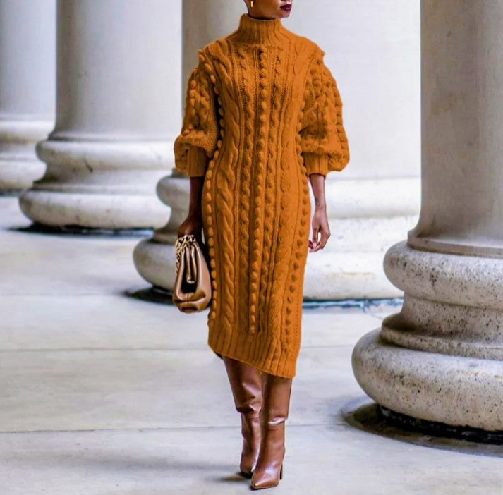 High Collar Slit Knit Midi Dress