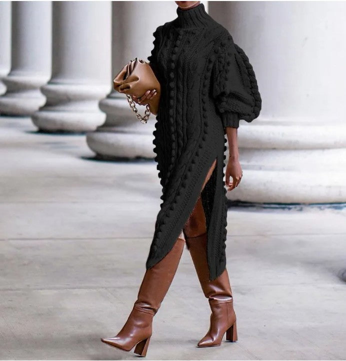 High Collar Slit Knit Midi Dress