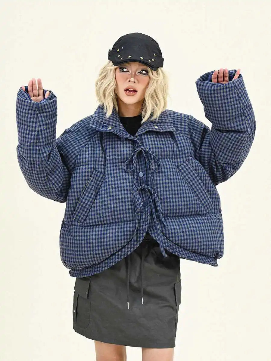 Women's Bow Tie Tie Plaid Puffer Jacket
