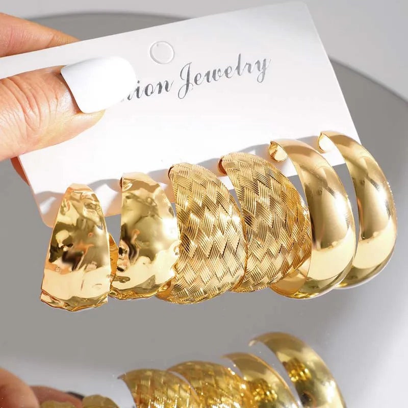 6Pcs/Set Vintage Gold Color Big Circle Hoop Earring Set