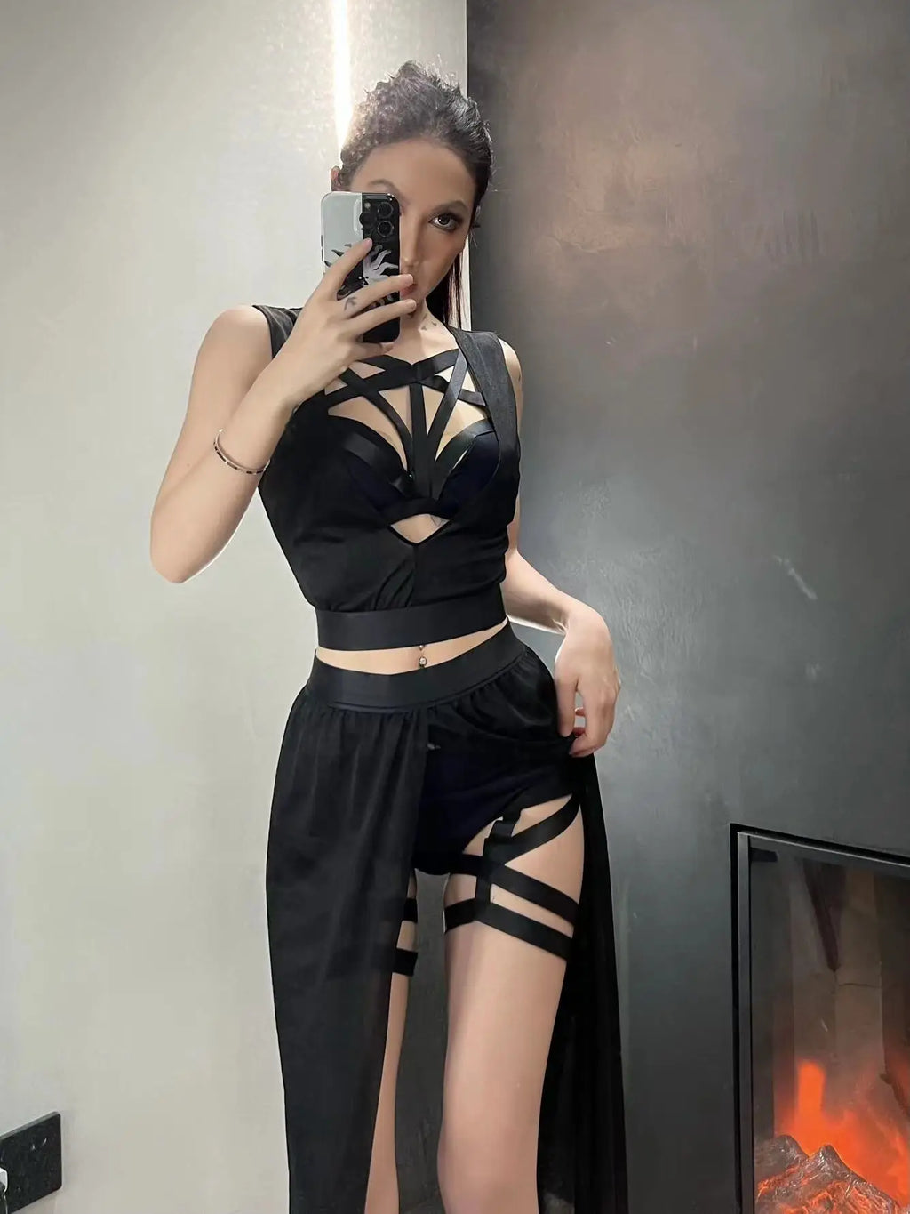 Goth Club Mesh Sexy Summer Corsets Skirt Set