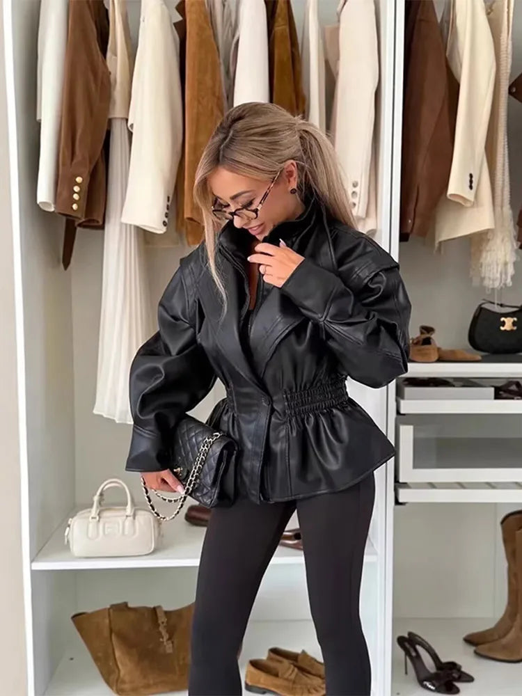 Turn-down Collar Women Winter Faux Leather Coats