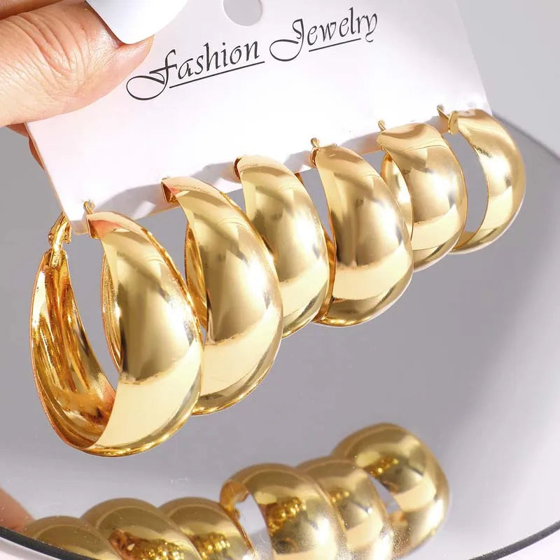 6Pcs/Set Vintage Gold Color Big Circle Hoop Earring Set