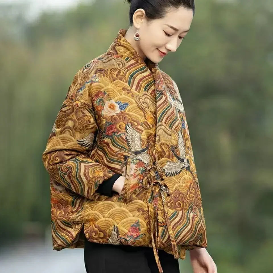 Crane Print Chinese Tangsuit Coat