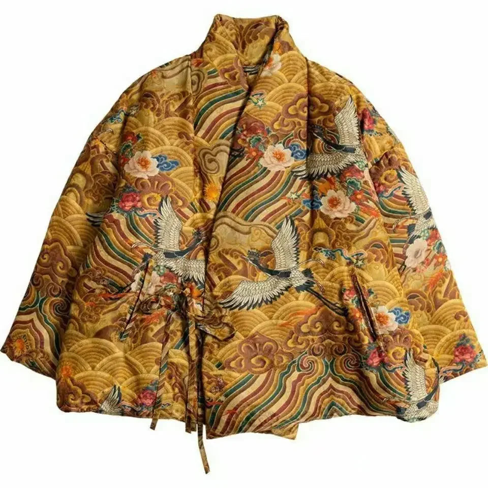 Crane Print Chinese Tangsuit Coat