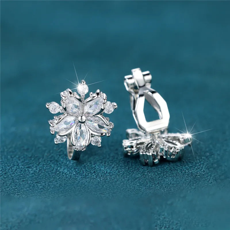 Female Cute Small Clip Earrings White Zircon Round Stone Earrings