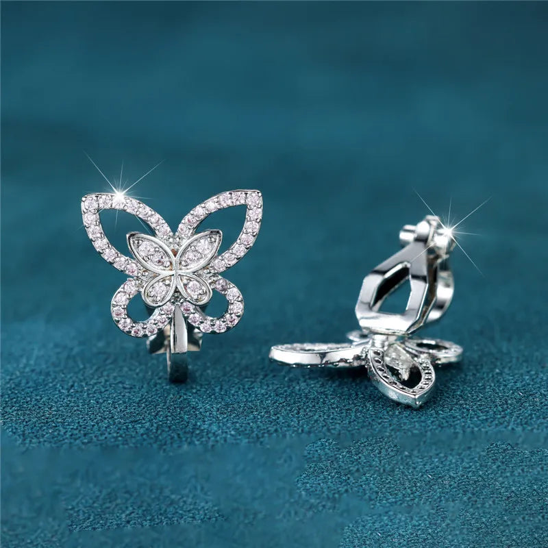 Female Cute Small Clip Earrings White Zircon Round Stone Earrings